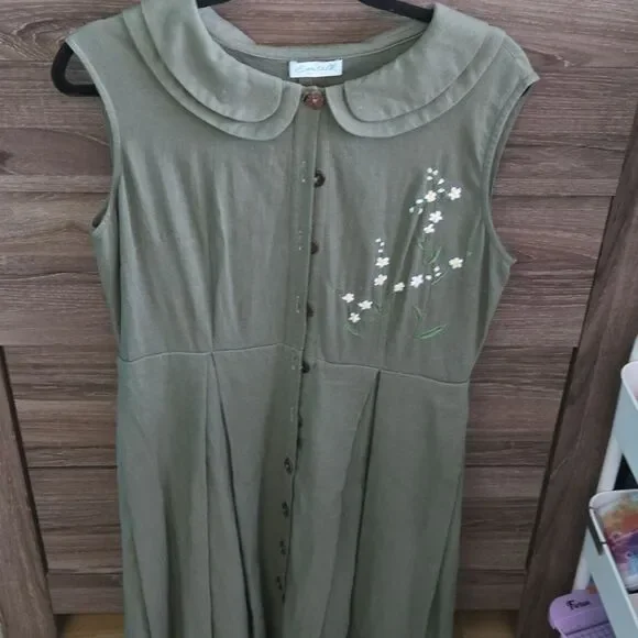 Emsilk Design Hand Embroidered Linen Dress: Olive Green Floral Tea Dress - Picture 7 of 8
